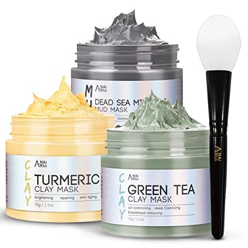 Image of ANAiRUi Clay Face Mask Kit, Turmeric Clay Masks - Green Tea Face Masks - Dead Sea Minerals Mud Masks, Spa Facial Mask Set for Deeply Cleansing, Detoxing and Controlling Oil, 210g