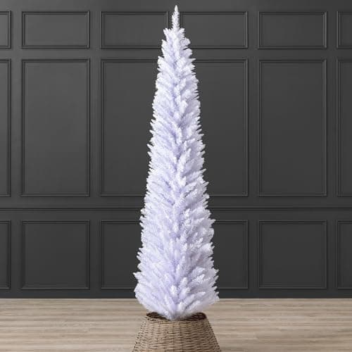 Image of Christow White Pencil Christmas Tree 7ft, Artificial Slim Spruce, Modern Indoor Xmas Decoration, Lifelike Forked Branches with PVC Needles, Easy Assembly with Stand, Tip Count 401 (skirt not included)