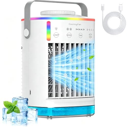 Image of AISHNA Portable Air Conditioner, 4-in-1 Evaporative Air Cooler, Portable Air Cooler with 4 Wind Speed & 7 Colour Lights & 700ml Water Tank & 2-8H Timer, Personal Air Coolers for Home, Office, Bedroom