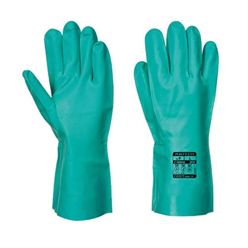 Image of Portwest A810 Chem 320 Nitrile Gauntlet Chemical Resistant Gloves Long Cuff Flock Lined Rubber Gauntlets Oil Fuel Acid Alkali Resistant Mens Work Safety Gloves Industrial Chemical Handling, Green, L