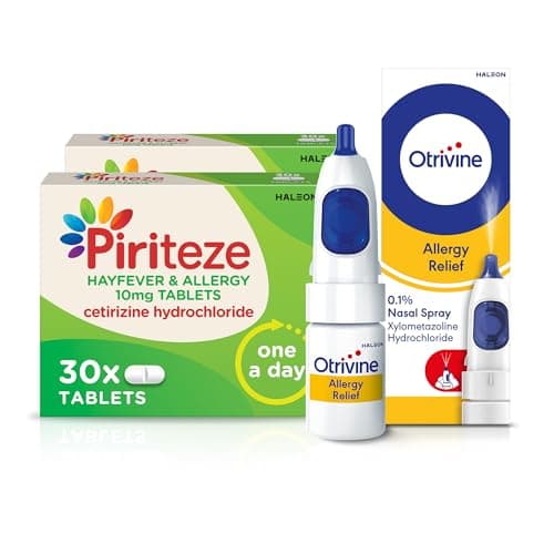 Image of Piriteze Allergy Relief Antihistamine Tablets (60) & Otrivine Allergy Relief Nasal Spray Bundle - Hayfever Tablets with Cetirizine - Otrizine Nasal Spay - Allergy Tablet & Sinus Relief