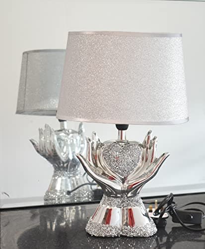 Image of Biznest New Crushed Diamond Silver Ceramic Bling Table Lamp Home Heart in Hand Style Shade