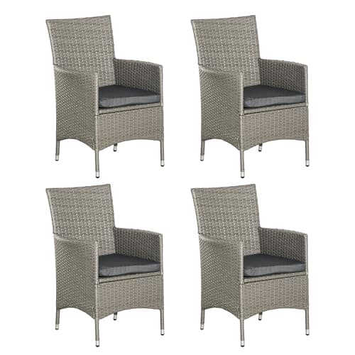 Image of Outsunny 4 Pieces Outdoor PE Rattan Dining Chairs Set with Cushion, Garden Armchair with Armrests, High Backrest, Metal Frame Patio Wicker Furniture, Grey