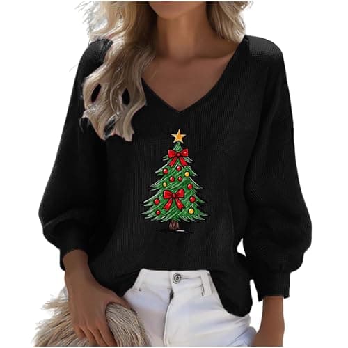 Image of NSICBMNO Black Christmas Jumpers for Women UK - Ugly, Oversized, Christmas Tree Jumper, V Neck Sweater, Waffle Knit Tops Batwing Blouses, Long Sleeve Round Neck Tops, Funny Xmas Sweater Tunic Shirts