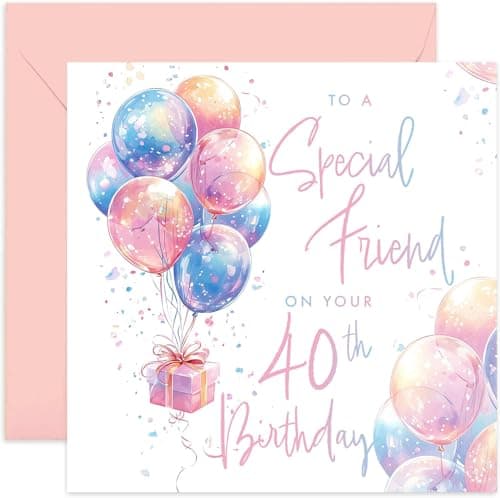 Image of Special 40th Birthday Cards for Female Friend, Fortieth Milestone Gifts for Women, Pastel Colour Balloons and Presents Designed for Her, Colourful Design, Cute Birthday Prsent for Her