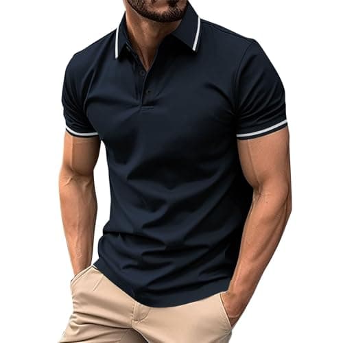 Image of DGZTWLL Mens Short Sleeve Pique Polo Shirt - Casual Slim Fit Contrast Collar Top, Soft Breathable Fabric for Summer & Daily Wear Navy L