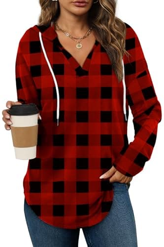 Image of Aokosor Womens Hoodies Sweatshirts for Women Tops Fashion Oversized Sweatshirts Long SLeeve Tops Size 14-16 Red Black Plaid XXL