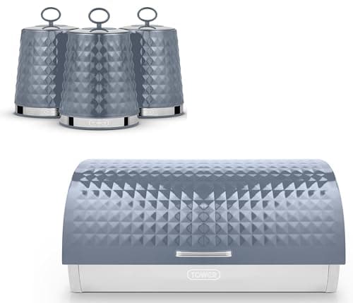 Image of tower Tower Solitaire Grey Roll Top Bread Bin & Tea, Coffee & Sugar Canisters Set. Matching Contemporary Design Stainless Steel Kitchen Storage Set in Grey with Embossed Diamond Design