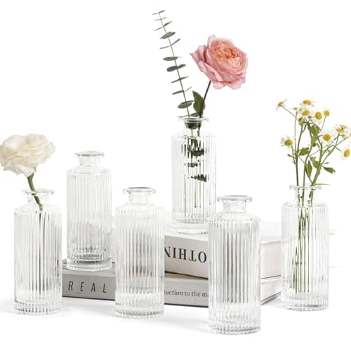 Image of ComSaf Small Vases for Flowers Mini Clear Glass Bud Vases in Bulk, Mini Ribbed Flower Vase Set for Centerpiece, Wedding Table Ceterpiece, Home Decor, Housewarming Gift (Clear)