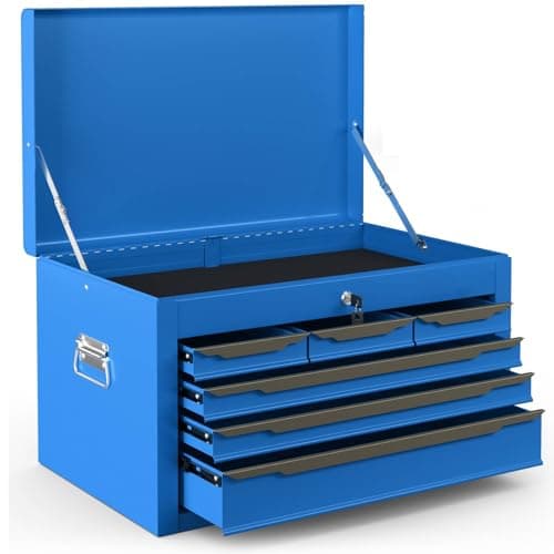 Image of TANGZON Lockable Tool Box, Steel Tool Chest with 6 Drawer, Top Storage Tray, Automatic Lock, Ball Bearing Runners, EVA Liners & Carry Handle, Portable Toolbox Storage Cabinet for Garage (Blue+Black)