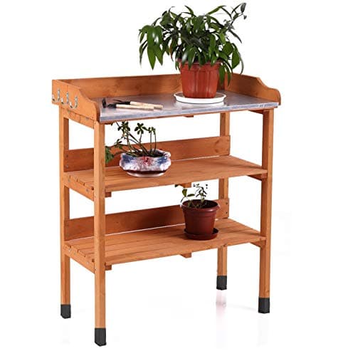Image of GEEZY Garden Potting Table Wooden Work Bench - 3 Tier Greenhouse Staging with Metal Top & Tool Hooks - Outdoor Plant Station & Flower Stand with Storage Shelves