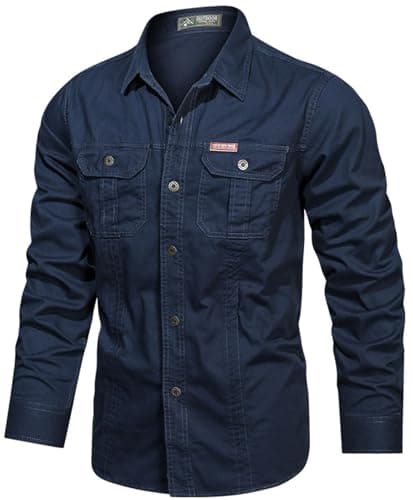 Image of PADOLA Men's Shirt Military Cargo Style Tactical Long Sleeve Shirts for Men UK Button Down Outdoor Hiking Overshirts(M,Blue)