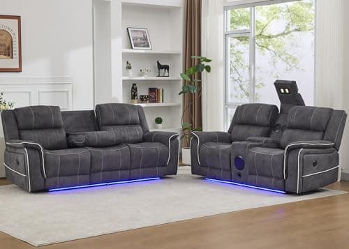 Image of Geneva Pro Fabric Electric Recliner Sofa 3+2 Seater Set - 3+2 Seater Sofa With Bluetooth/Cooling Cup-Holders/LED Lights/Wireless Charging/USB Charging Ports (Grey, 3+2 Seater)