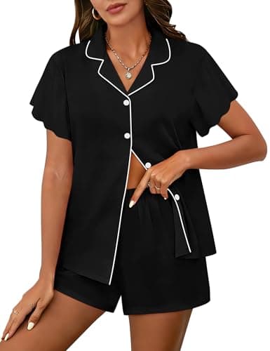 Image of SWOMOG Pyjama Sets for Women 2 Piece Short Sleeve Sleepwear Button Down Soft Pjs Ruffle Sleeve Lounge Sets with Pockets Black Small
