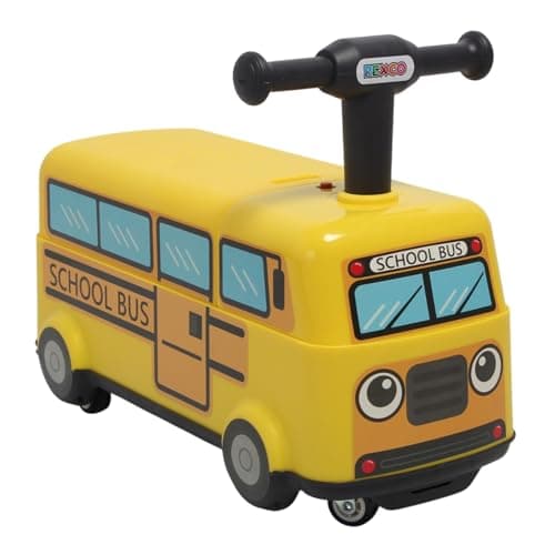 Image of Rexco Ride On Yellow School Bus Childrens Kids Toy Push Along Walker Car Foot To Floor Interactive Music Light Sound Baby Toddler Infant Vehicle