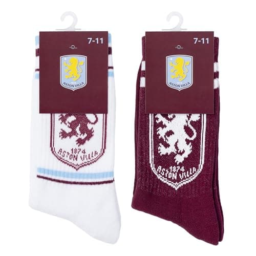 Image of The Gift Scholars Officially Licensed Twin Pack Aston Villa Crest White Sports Socks for Men & Women | Adult Size Sport Villans Fan Merchandise 7-11 (1 White + 1 Claret)