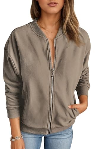 Image of Timuspo Long Sleeve Zip Up Ladies Jacket Trendy Womens Aviator Jackets Casual Loose Sweatshirts Solid Color with Pockets Outerwear Light Brown M