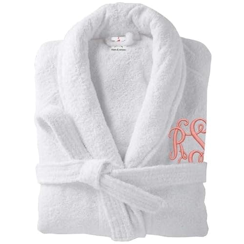 Image of Stars and Stripes Personalised Custom Embroidered Initial 100% Cotton Terry Towel Bathrobe Soft Spa Hotel Quality Unisex Vine Monogram Font Dressing Gown (White, S-M)
