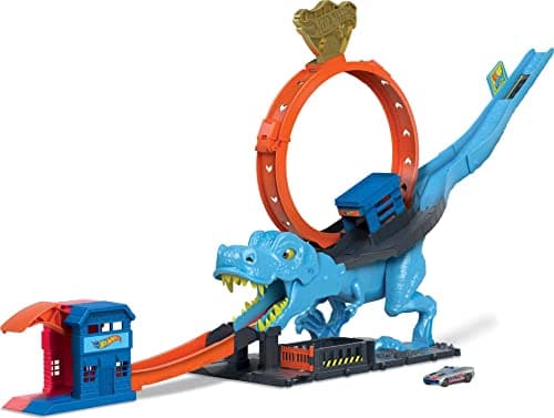 Image of Hot Wheels City Racetrack, T-Rex Chomp Down, Knock Down Dinosaur with Car Stunt in Giant Loop, Includes 1 Toy Car in 1:64 Scale, Toys for Ages 4 and Up, One Pack, HNP77