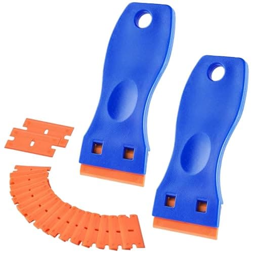 Image of HSTWODE Pack of 2 Plastic Scrapers, Mini Plastic Scraper with 20 Plastic Blades, Sticker Remover, Carpet Adhesive Remover (2 Plastic Scrapers + 20 Plastic Sheets)