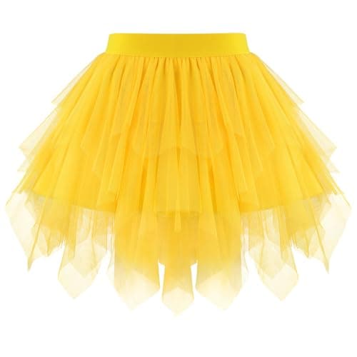 Image of WHIPPY Tulle Skirt for Women Irregular Layered Mesh Tulle Tutu Skirt Short A-Line Ladies Tulle Skirt for Halloween Dancing Party Daily, Yellow, S