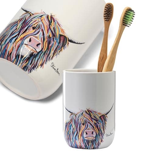 Image of Croydex Art by Steven Brown Angus McCoo Tumbler - Ceramic Toothbrush Holder, Freestanding Bathroom Accessory Featuring Highland Cow Design, Matching Accessories Available
