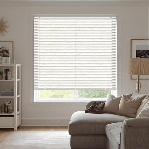Image of White Plain PVC venetian Blind - Width 114cm x Drop 150cm - 25mm Horizontal Slats - Easy Fit Trimmable fitting with Tilt control Wand Mechanism