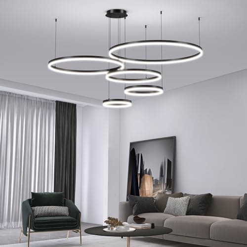 Image of Mikeru Dimmable Hanging Pendant Light 5 Ring, 30+40+60+80+100cm Black Modern LED Kitchen Pendant Light 10% to 100% 3000K/4500K/6500K Modern Adjustable Ceiling Lights for Living Room
