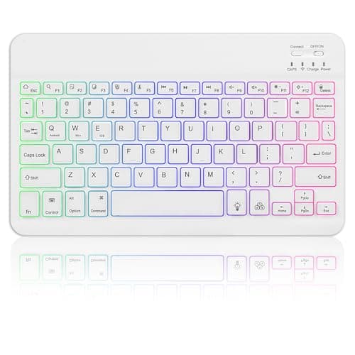 Image of Wireless Bluetooth Keyboard for iPad & Tablet - UK Layout Ultra-Slim Portable Keyboard with 7-Color Backlight, Rechargeable Quiet Keys for iPad Air/Pro, Samsung Tab, iOS Android Windows - White