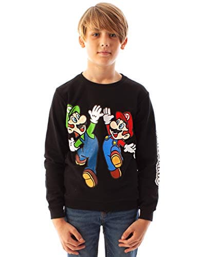 Image of Super Mario Sweatshirt Boys | Kids Luigi Character Black Long Sleeve Jumper | Gamers Merchandise 11-12 Years