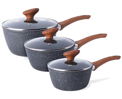 Image of Non Stick Saucepan Set – Induction Saucepan with Lid – 3pcs Marble Sauce Pan – 16cm, 18cm, 20cm Saucepot Set – by Nuovva