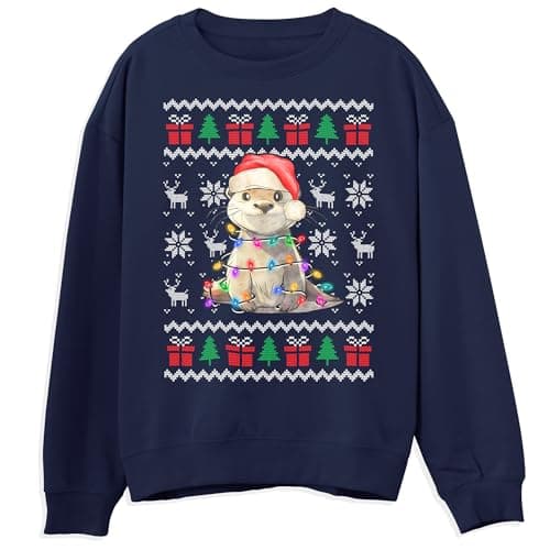 Image of Kids Otter Christmas Sweater Adorable Xmas Sweatshirt for Children Ugly Pullover Santa Hat Otter Design with Holiday Lights, 12-13 Years, Navy