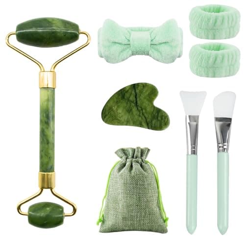 Image of Yuaerbuo Face Massager Gua Sha Board Green Jade Rollers, Natural Face Roller Gua Sha Jade Quartz Facial Massager Stone, Jade Roller Skincare Headband Face Brushes Guasha Set (Green)