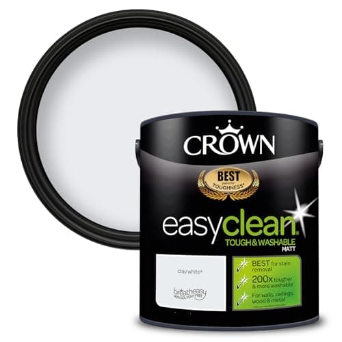 Image of Crown Easyclean Clay White - Tough & Washable - Matt Emulsion Paint - Stain Resistant - Cool Off White Paint - 2.5L