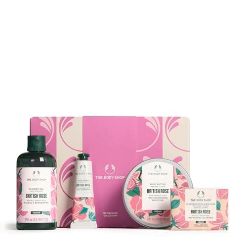 Image of The Body Shop British Rose Collection Gift Set, Shower Gel 250ml, Body Butter 200ml, Cleansing Face & Body Bar 100g, Hand Cream 100ml, Floral Body Care Set, 96hr Moisture, Vegan Gift