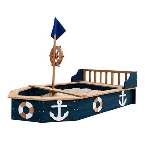 Image of AXI Doris Wooden Sandbox in the shape of a Boat - Grey/Brown | Ship Sandpit with Bench & Storage | Sand Pit Wood with rotating Rudder on Mast | Includes Cover and Ground Cloth | 153 x 90 x 100 cm