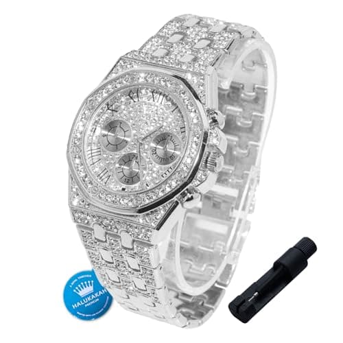 Image of HALUKAKAH Diamonds Gold Watch Iced Out for Boy Teens Kids - Platinum Plated,40mm Roman Numerals Octagonal Dial,Japanese Quartz - 20cm Length,with Watch Adjuster Tool - for Birthday,Parties