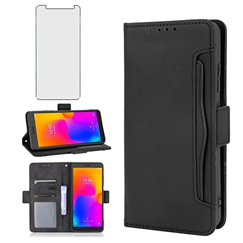 Image of Asuwish Compatible with Alcatel 1B 2022 Wallet Case and Tempered Glass Screen Protector Card Holder Stand Leather Flip Cell Accessories Phone Cover for Women Men Black