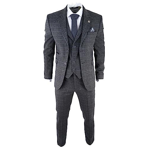 Image of Mens Grey Tweed 3 Piece Suit Blue Check Vintage 1920s Gatsby Blinders Tailored Fit - Grey 36