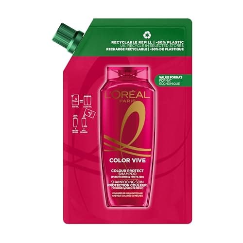 Image of L'Oréal Paris Elvive Colour Protect Shampoo Refill Pouch, with Pure Vitamin Cg and UV filters, for Coloured & Highlighted Hair, Suitable for all hair textures, -60% less plastic, Value format, 500ml