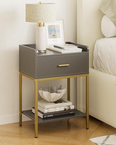 Image of HEYZOEY Bedside Table, 3-tier Modern Bedside Table with Storage Drawer and Shelf, Small Side Table for Bedroom, Living Room, Grey