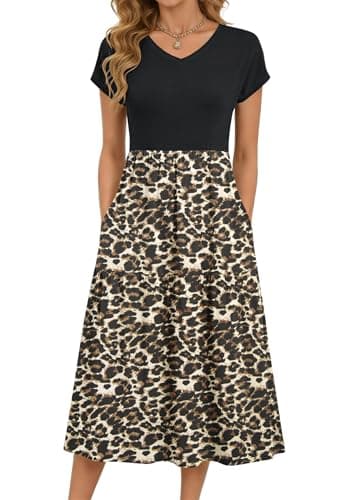 Image of PLOKNRD Women's Summer Midi Dress - Casual Short Sleeve V Neck Tiered Dresses with Pockets(Brown Leopard,L)