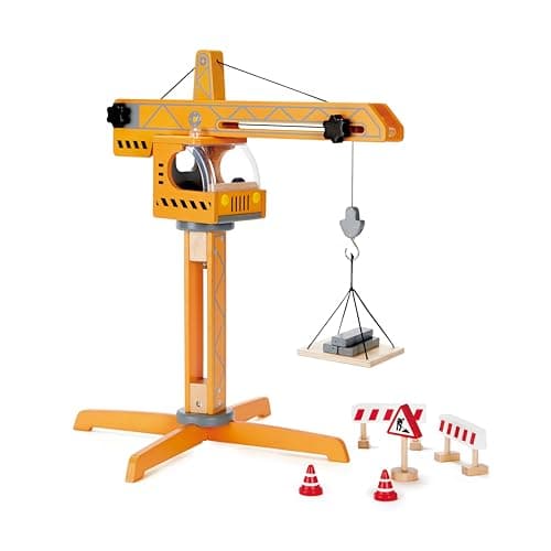 Image of Hape E3011 Wooden Crane Lift, Award Winning Playscapes Crane Lift Playset Yellow, L: 17.8, W: 16.5, H: 21.2 inch,unisex-children