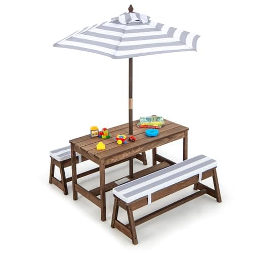 Image of Maxmass Kids Picnic Table and Bench Set, Children Wooden Activity Play Table with Removable & Adjustable Umbrella and Cushions, Toddlers Garden Furniture Set for Indoor Outdoor (Gray)