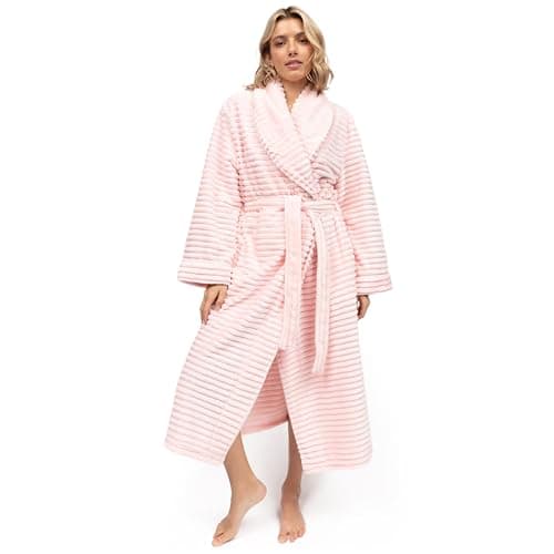 Image of Cyberjammies Pink Striped Fleece Dressing Gown for Women | Ultra Soft Ladies Dressing Gowns | Warm & Cosy Women's Nightwear, Machine Washable | Perfect for Winter Lounging | Size Small