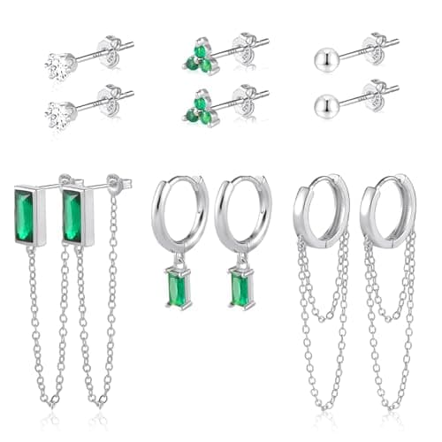 Image of ASH'S CHOICE Earrings and Studs Set for Women, 6 Pairs 925 Sterling Silver Dangle Hoop EarringTiny Cartilage Earring Hypoallergenic Cubic Stud Green Jewelry Chain Hinged Earrings for Women