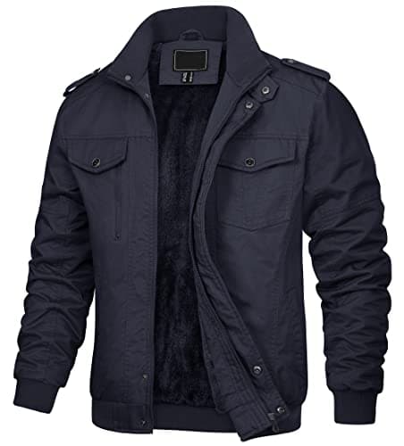 Image of KEFITEVD Men's Fleeced Cargo Jacket Multi Pocket Outerwear Army Combat Zipper Jackets , 150 Navy Blue, XL