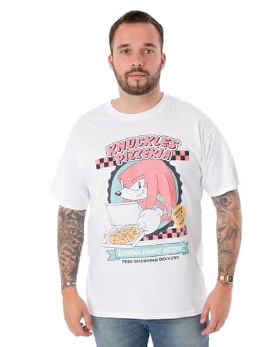 Image of Sonic The Hedgehog Mens T-Shirt | Knuckles Pizzeria Short Sleeve Graphic Tee for Adults | White Short-Sleeve White Top for Gamers | Lightweight Fashion Crewneck Gaming Merchandise Gift for Him