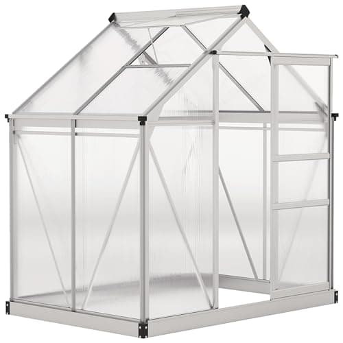 Image of Outsunny 6 x 4ft Polycarbonate Greenhouse, Large Walk in Green House with Slide Door and Window, Garden Plants Grow House with Aluminium Frame and Foundation, Silver Tone