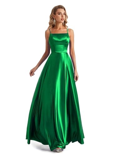 Image of Lecureler Satin Spaghetti Strap Prom Dress Emerald Green Size 14